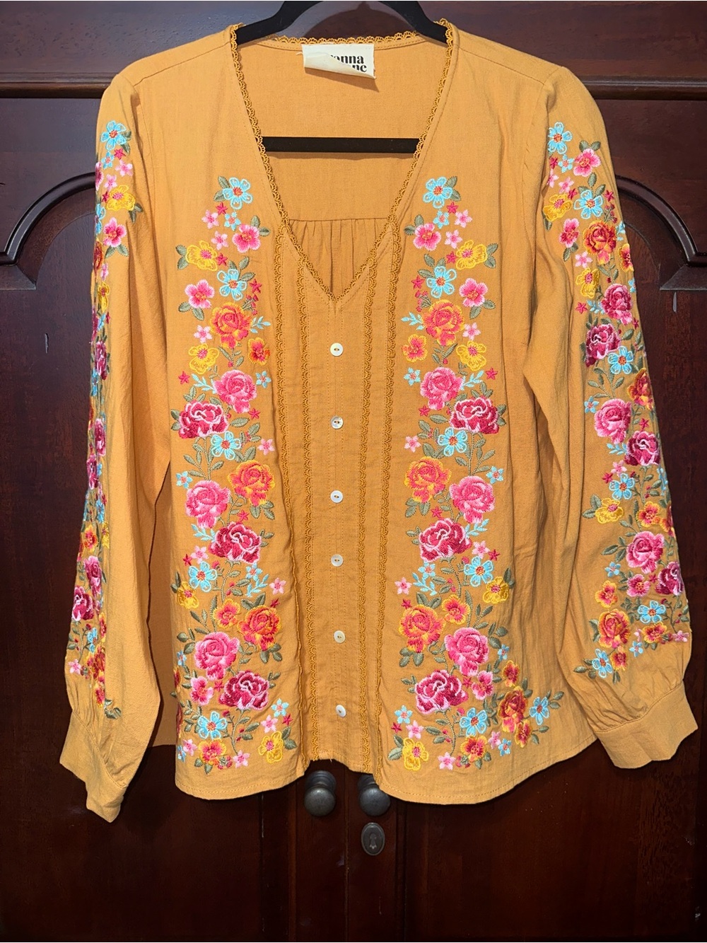 Savanna Jane Embroidered Gold Floral Button-Front L/S Top